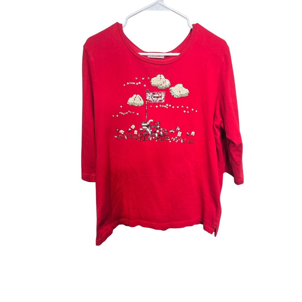 Quacker Factory Embellished Top Womens Large Red Sequin Flag 3/4 Sleeve Tee